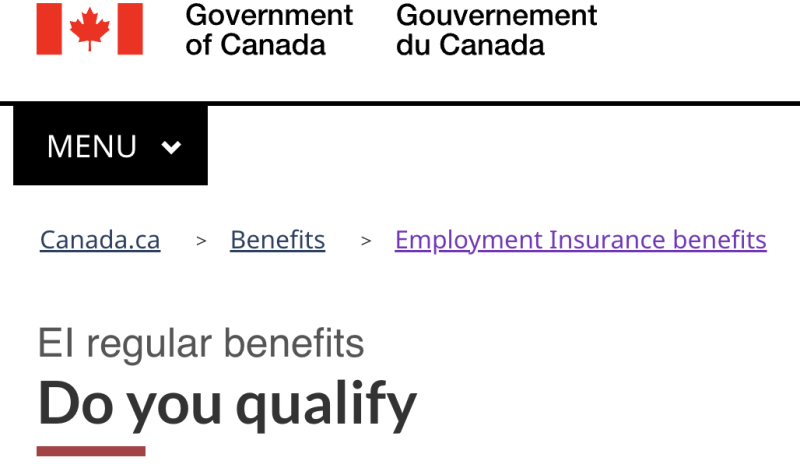 A black and white screenshot of the Employment Insurance page on the Government of Canada website