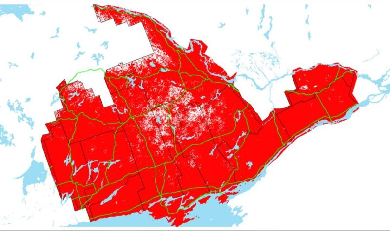 A close in map of South Eastern Ontario, with a red shaded area representing planned cellular network coverage