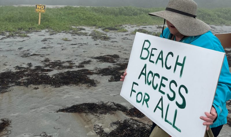 A woman stands on a beach holding a sign demanding beach access for all