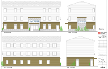 Drawings of a building from various angles with a sign reading East Coast Dental
