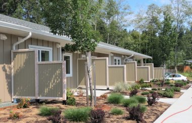 A row of housing units with beige privacy dividers and landscaping in front on a sunny day