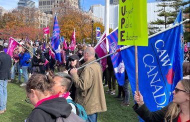 People standing on a lawn with colourful signs being held