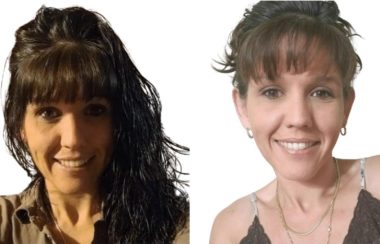 A woman with brown hair smiles in two side-by-side portrait photos.