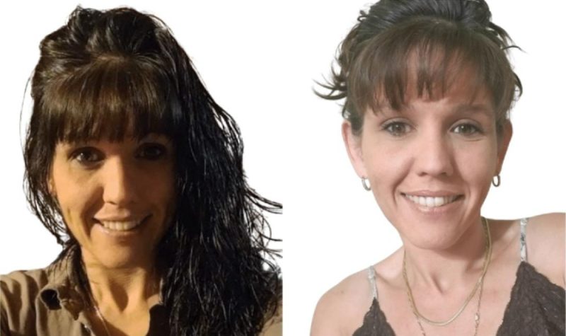 A woman with brown hair smiles in two side-by-side portrait photos.