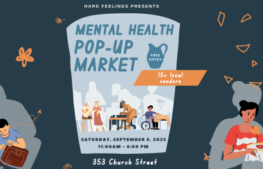 An advertisement for the Hard Feelings mental health pop-up market done in a cartoon style. It is dark blue, light blue, grey and orange.