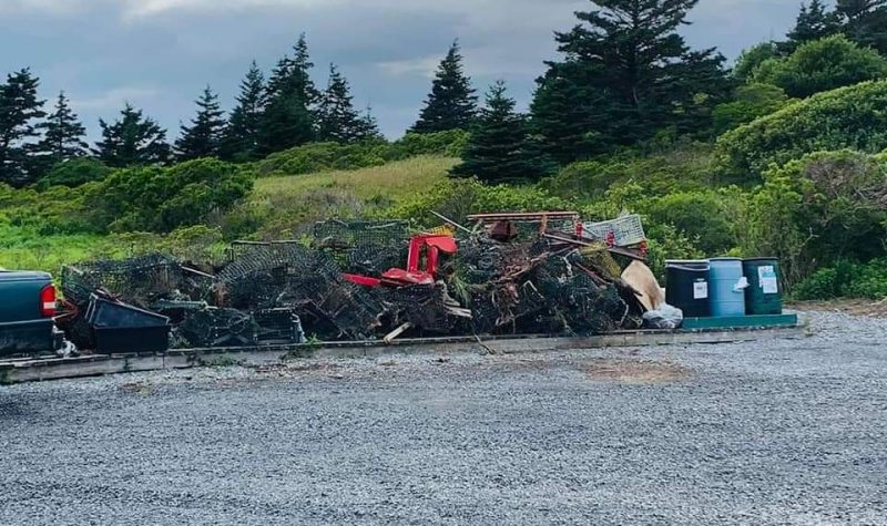 Garbage piled up at the edge of a parking lot