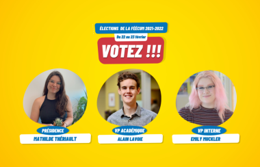 Image publicitaire des élections de la FÉÉCUM mettant en vedette les trois candidats: Mathilde Thériault, Alain Lavoie et Emily Muckler