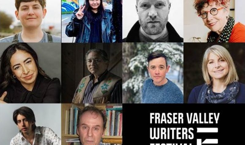 Photos of authors form a grid. Some photos are colourful and one is black and white. In the bottom corner the name of the FV Writers Festival is written in bold white letters.