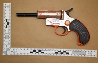 A photo of a flare gun that has been coverted to fire 22 calibre bullets.