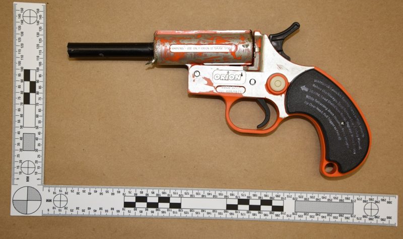 A photo of a flare gun that has been coverted to fire 22 calibre bullets.