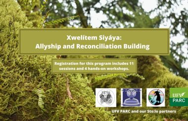 A green poster with trees on it for the new program from university of the Fraser valley's Peace and Reconciliation Centre