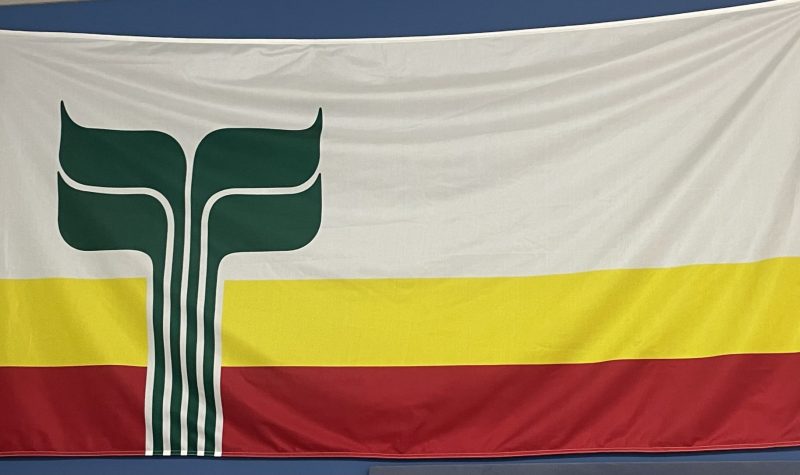 Le drapeau franco-manitobain est accroché au mur. Il comporte une bande rouge symbolisant la rivière Rouge et une bande jaune représentant le blé du Manitoba.