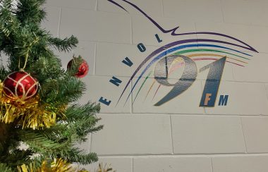 Le logo de la radio communautaire Envol91 FM en couleur bleu marine, avec des lignes en forme d'oiseau aux couleurs violet, bleu, vert, or et rose. À côté du logo se trouve un arbre de Noël auquel sont accrochées des décorations.