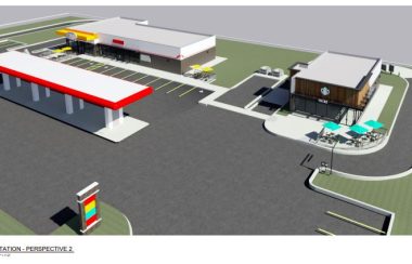 A colour rendering of the future site of a PetroCanada station, A&W and Starbucks in one complex is shown.