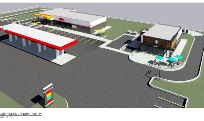 A colour rendering of the future site of a PetroCanada station, A&W and Starbucks in one complex is shown.