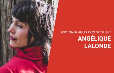 Angelique Lalonde in front of a tree on a Scotiabank Giller Prize poster that is read