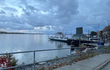 A landscape perspective photo of a lakefront with sidewalk, metal railing, fallen autumnal leaves, and shoreline protective rocks in the immediate foreground. Beyond is the lake and to the right is a small white painted vehicle ferry that is disembarking from its dock. Buildings and infrastructure cluster around the dock.