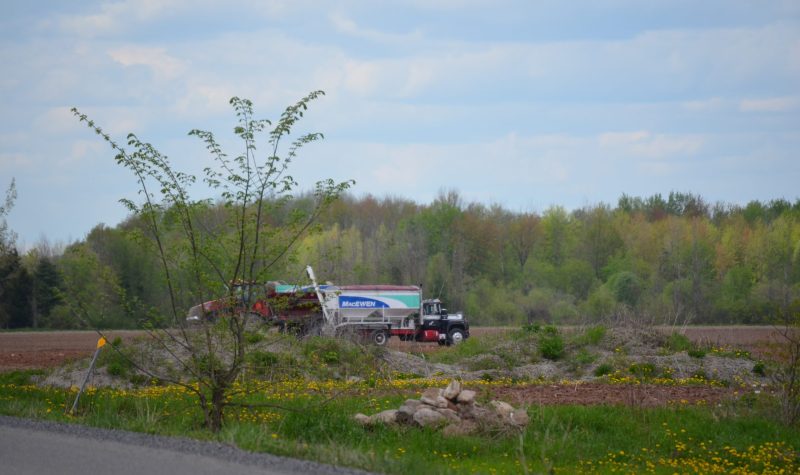 A McEwan truck hauling fertilizer sits beside a tractor on a field about to be fertilized in Russell Township.