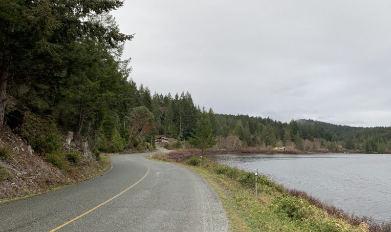 Trees and two lane road on the left and lake shore on the right, cloudy sky