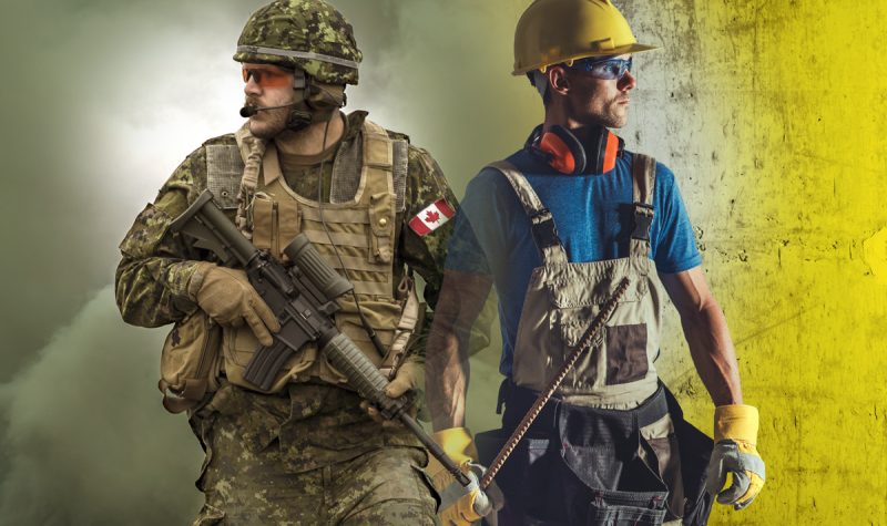 A poster of two men, the one on the left is seen wearing a military uniform and the one on the right is dressed as a construction worker. This image is to show how veterans can turn into successful trade skilled workers.