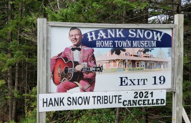 Highway sign for Hank Snow Museum indicates the annual tribute show is cancelled for 2021