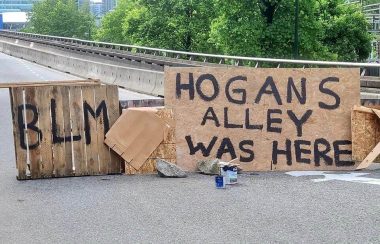 A photo of Black Lives Matter protest signs on Georgia viaduct