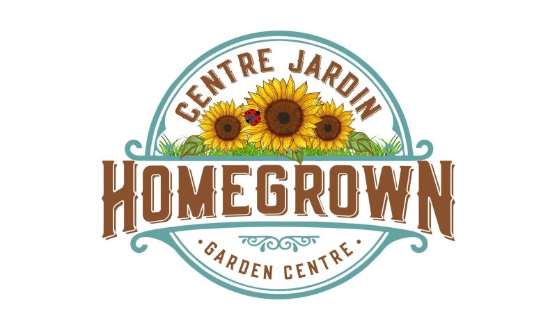 The logo of the Homegrown Garden Centre, featuring brown letters and three sunflowers in the centre, with a ladybug.