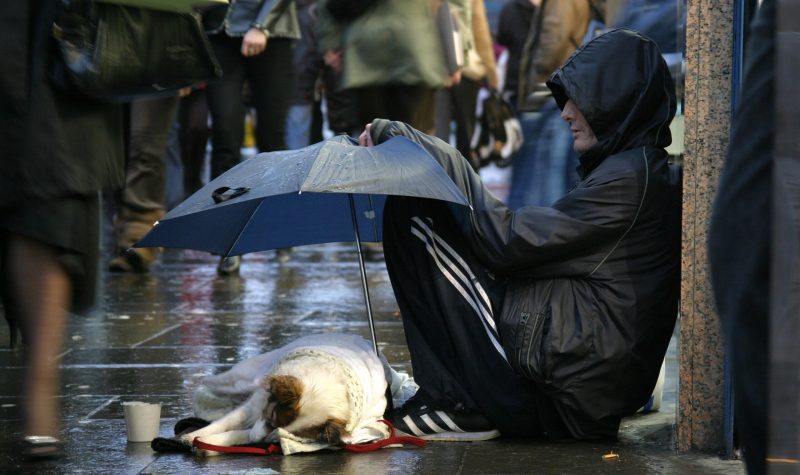 A homeless person with rain jacket with cap on and holding umbrella over a dog.