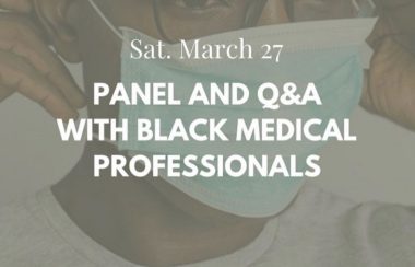 Faded poster for upcoming panel, Black man with glasses wearing a mask