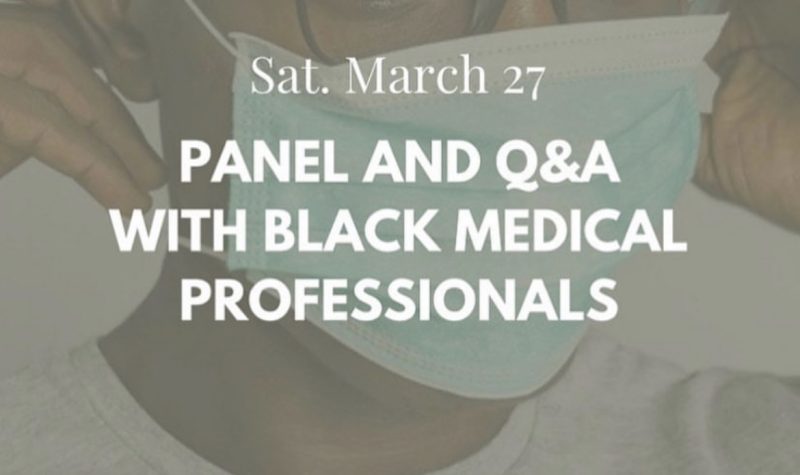 Faded poster for upcoming panel, Black man with glasses wearing a mask