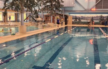 Public swimming pool with swimming lanes empty. Fake evergreen trees line the edge of the pool and several people are at the far edge of the pool.