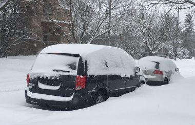 Two vehicles, a navy caravan and a gray sedan, are seen parked at the side of a residential street, partially obscured by heavy snowfall.
