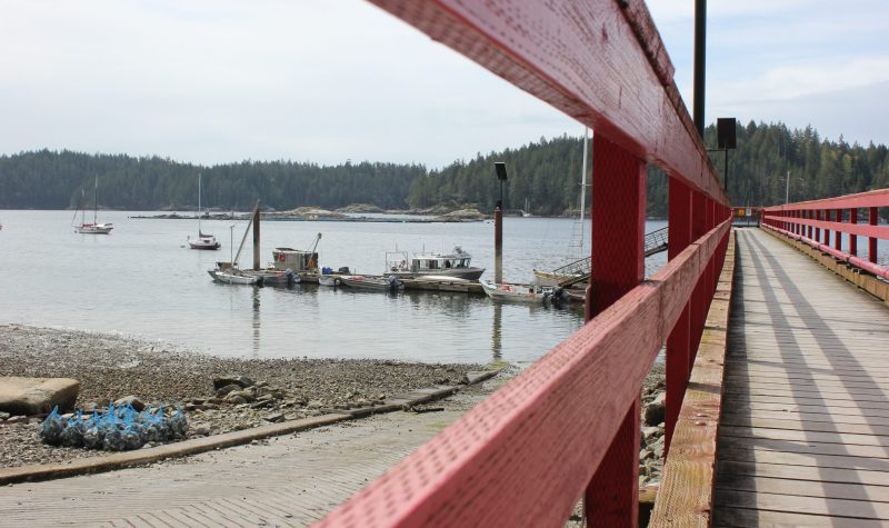A red painted dock extends out into the Gorge Harbour.