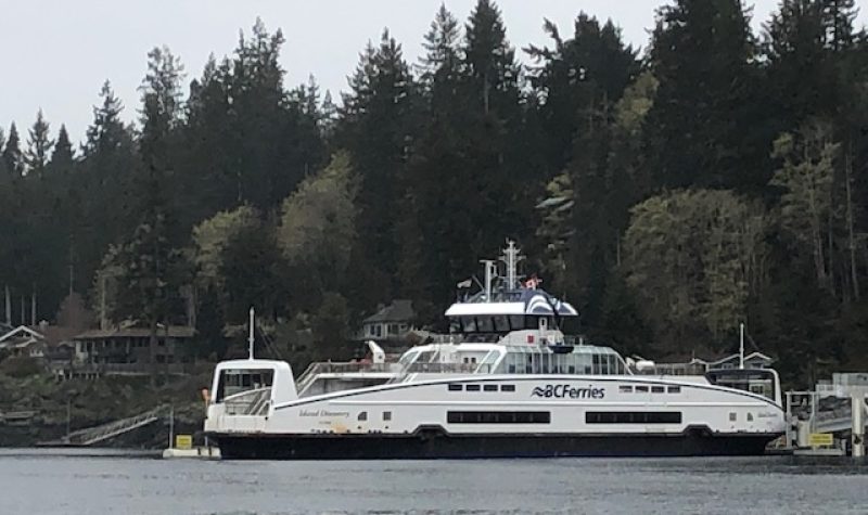 A new vehicle and passenger ferry is docked at a coastal BC island.