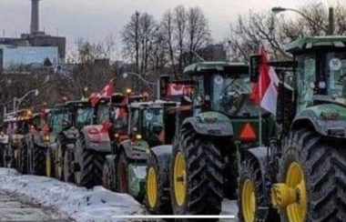 Une série de tracteurs avec le drapeau canadien font le pied de grue à Ottawa.