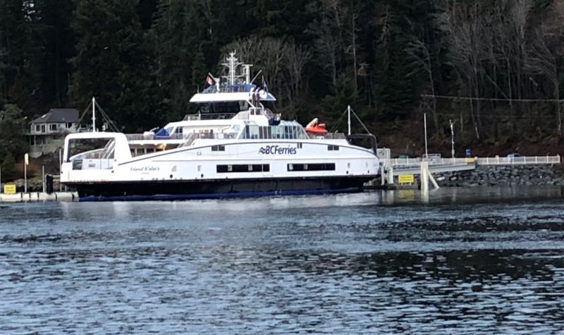 A white and blue ferry boat sits at a dock with a forest background.