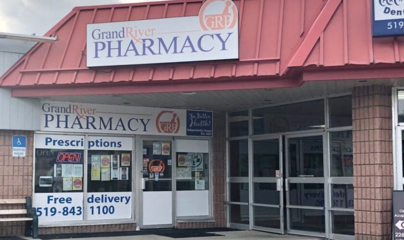 A photo of the Grand River Pharmacy situated in the St. Andrew West Mall in Fergus, Ontario.