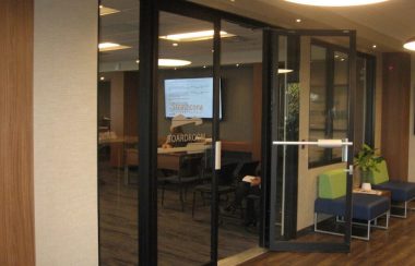 The glass door entrance to the Strathcona Regional District board room.