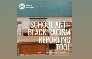 Poster for school anti-black racism reporting displaying school desks. (Photo courtesy of @pobcadvocate Instagram)