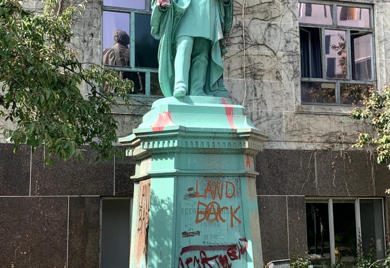 The statue of Egerton Ryerson was taken down on June 6 after public outcry following the discovery of the remains 215 Indigenous children in unmarked graves in Kamloops, B.C. Photo courtesy of Daniel Centeno/CJRU.