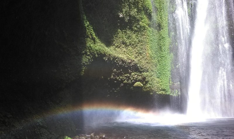 A rainbow is casted under a waterfall.