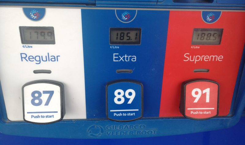 A gas pump is pictured, with prices ranging from $1.79 to $1.88 per liter.