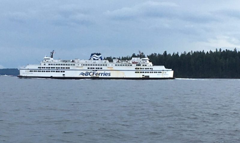 La mer au premier plan puis plus au large, un traversier blanc avec «BC Ferries» indiqué en bleu, des arbres en arrière-plan