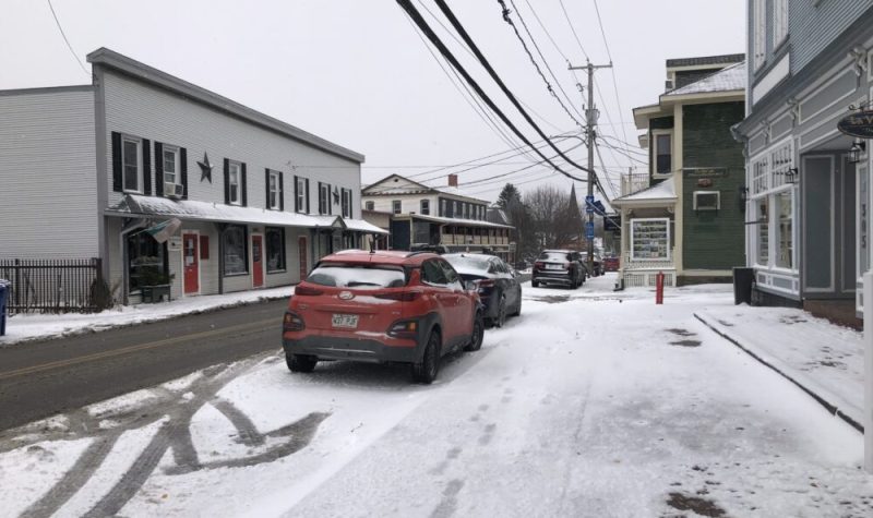 A picture of the main street of Knowlton covered in fresh snow from the first snowfall of the year.