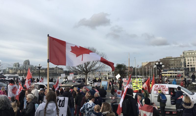 foule de personnes au bord d'une route avec des drapeau du Canada, des pancartes avec slogan et un véhicule, en arrière-plan les bateaux du port