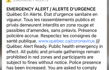 An emergency alert received by all citizens of Quebec
