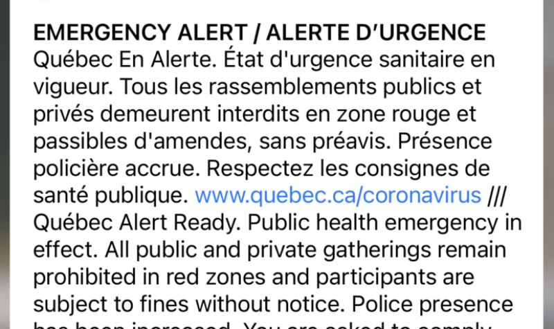 An emergency alert received by all citizens of Quebec