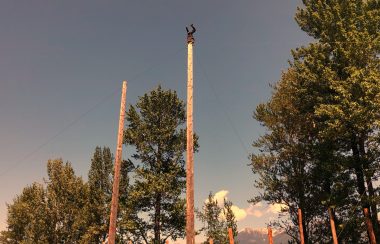 man upside down on top of what looks like a telephone pole