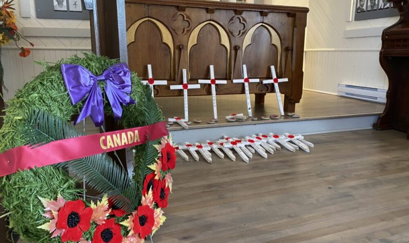 A photo of crosses which were laid in honour of the fallen solders who did not return from war - Magdalen Islands