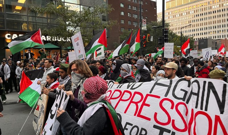 Montrealers walk en masse, waving Palestinian flags on a downtown street. Many are masked.